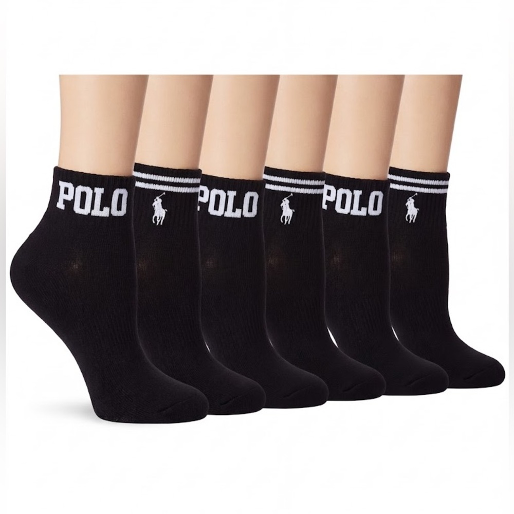 Polo Ralph Lauren Women's 6-Pair BLack Ankle Socks Shoe Size 4-10.5, Logo